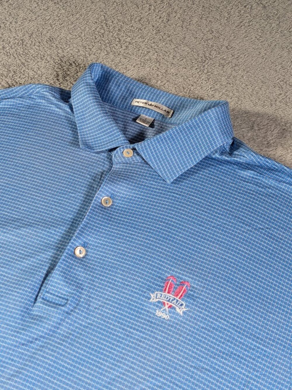 Peter Millar L Light Blue Pink Grid Polo Redtail 1990 Feather 100% Cotton